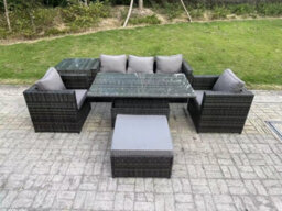 Fimous Outdoor Rattan Garden Furniture Sofa Set Adjustable Rising Lifting Dining Table Set Side Table 2 Armchairs - thumbnail 1