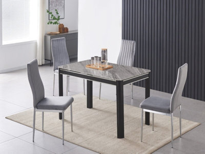 Furnizone UK Milano 4-Seater Grey Marble-Effect Glass Dining Table And 4 Monza Grey Velvet Chairs - image 1
