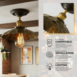 Vintage Semi Flush Mount Ceiling Light E27 22Cm Brushed Brass Lampshade Umbrella Style Light Fixture For Living Room Kitchen - thumbnail 5