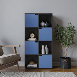 Urbn-Living Urbnliving 119Cm Height 8 Cube Black Bookcase 4 Blue Door Display Shelf Storage Cupboard Living Room Shelving - thumbnail 1