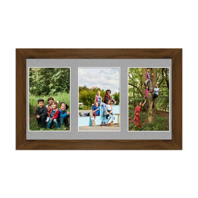 AK Frames 40X20Cm Walnut Modern Multi Photo Frame With Silver Mount - Holds 3 Apertures (3X) 6X4 Photos - image 1