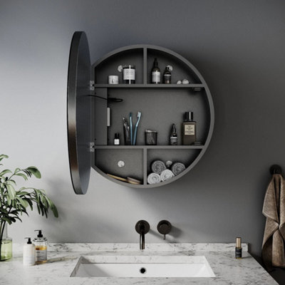 Round Bathroom Mirror Cabinet With Led Lights Demister Socket Black Storage Cupboard - image 1