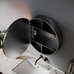 Round Bathroom Mirror Cabinet With Led Lights Demister Socket Black Storage Cupboard - thumbnail 4