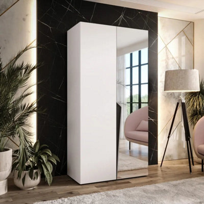 Arte Piano Ii Hinged Door Wardrobe 100Cm - White Compact Mirrored Wardrobe With Rail And Shelf - image 1