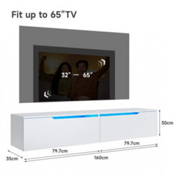 Elegant Floating Tv Unit Cabinet With Led Lights, White Wall-Mounted Tv Stand Shelf, 1600X300X350mm - thumbnail 2