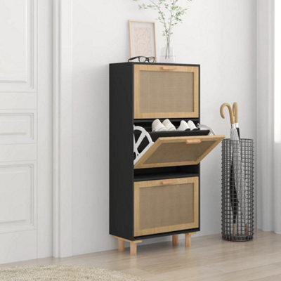 Walplus Shoe Cabinet Black 52X25X115 Cm Engineered Wood&natural Rattan - image 1