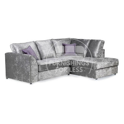 Furnishings For Less UK Crystal Crushed Velvet Fabric 3 To 4 Seater L Shaped Corner Sofa Silver Right Hand Facing - Full Back - image 1