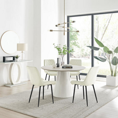 Furniturebox Uk Palma Beige Stone Effect Round Dining Table & 4 Cream Pesaro Black Leg Chairs - image 1