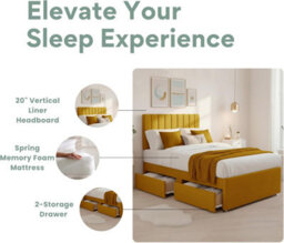 "4Ft6 Luxury Yellow Plush Divan Double Bed Frame With Mattress, 20"" Vertical Line Headboard, Bed With 2 Storage Drawers" - thumbnail 3