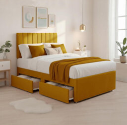 "4Ft6 Luxury Yellow Plush Divan Double Bed Frame With Mattress, 20"" Vertical Line Headboard, Bed With 2 Storage Drawers" - thumbnail 1