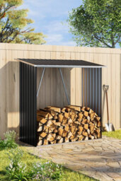 Garden Sanctuary Black Coated Sloped Roof Wooden Storage Shed With Metal Firewood Rack, Outdoor Garden Log Store - thumbnail 1