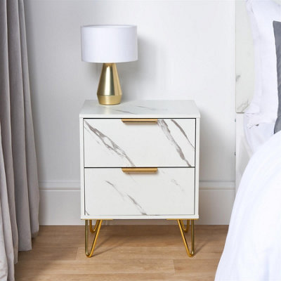 Ohs Marble Effect Nightstand Bedside Table End Side Cabinet - image 1