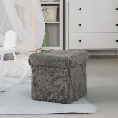 IHIDirect Faux Fur Large Padded Ottoman Home Storage Box Foot Stool Folding Seat Blush Grey