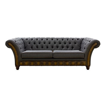 Chesterfield 3 Seater Sofa Antique Gold Leather Marinello Pewter Fabric In Jepson Style - image 1