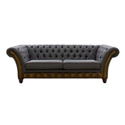 Chesterfield 3 Seater Sofa Antique Gold Leather Marinello Pewter Fabric In Jepson Style - thumbnail 1