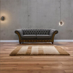 Chesterfield 3 Seater Sofa Antique Gold Leather Marinello Pewter Fabric In Jepson Style - thumbnail 3
