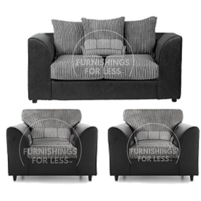 Furnishings For Less UK Luxor Jumbo Cord 2 + 1 + 1 Fabric 3 Piece Sofa Suite - Scatter Back Black And Grey - image 1