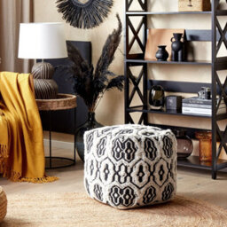 Beliani Boho Wool-Cotton Pouffe 45 X 45 Cm Black And White - thumbnail 2