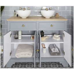 Homestylestore 1210mm Light Grey And Oak Bathroom Vanity Unit With Round Countertop Basins And Gold Round Handles - thumbnail 3