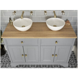 Homestylestore 1210mm Light Grey And Oak Bathroom Vanity Unit With Round Countertop Basins And Gold Round Handles - thumbnail 2