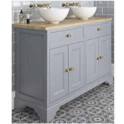 Homestylestore 1210mm Light Grey And Oak Bathroom Vanity Unit With Round Countertop Basins And Gold Round Handles