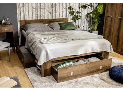 Impact Furniture Double Bed Frame Storage Drawers Euro Bed Slats Dark Wood Effect Shelves Nepo - image 1