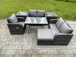 Fimous 7 Pieces Outdoor Garden Dining Sets Rattan Furniture With Armchairs Love Sofa 2 Side Tables Big Footstool - thumbnail 2