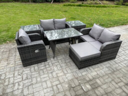 Fimous 7 Pieces Outdoor Garden Dining Sets Rattan Furniture With Armchairs Love Sofa 2 Side Tables Big Footstool - thumbnail 1