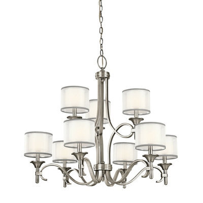 Elegant 9-Bulb Chandelier With White Organza Shade And Antique Pewter Finish