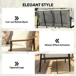 Outsunny 2 Seater Rattan Garden Sofa With Wood-Effect Arms, Cushions, Khaki - thumbnail 5