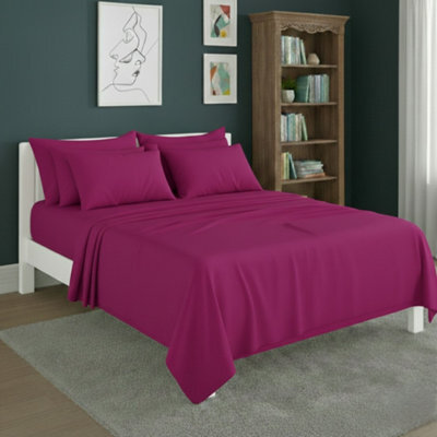 Plain Poly Cotton Easy Care Fitted Flat Sheet Matching Pillowcases Set Fuchsia - image 1