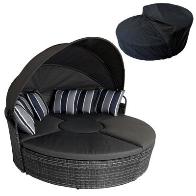 5 Piece Modular Wicker 180Cm Garden Daybed With Extendable Canopy, Soft Cushion, Pillow, Cover - Gray - image 1