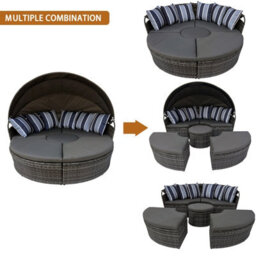 5 Piece Modular Wicker 180Cm Garden Daybed With Extendable Canopy, Soft Cushion, Pillow, Cover - Gray - thumbnail 2