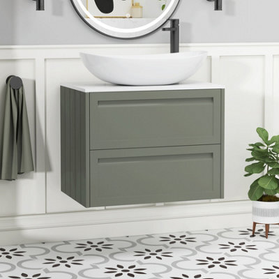 Royal Bathrooms Royal Bathroom Elmore 700mm Matt Green Wall Mounted Bathroom Vanity Unit 2 Drawer Plain White Worktop With Cesar Basin - image 1