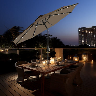 Sundaze 2.7M Taupe Garden  Parasol Umbrella With Solar Led Lights And Crank Tilt Function Outdoor Patio