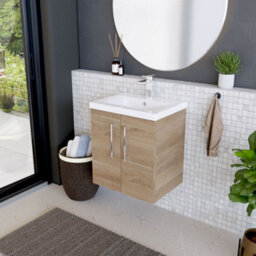Balterley Contemporary Bathroom Wall Hung 2 Soft-Close Door Vanity Unit & Mid-Edge Ceramic Basin, Bleached Oak, 500 mm - thumbnail 4