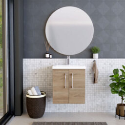 Balterley Contemporary Bathroom Wall Hung 2 Soft-Close Door Vanity Unit & Mid-Edge Ceramic Basin, Bleached Oak, 500 mm - thumbnail 2