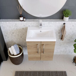 Balterley Contemporary Bathroom Wall Hung 2 Soft-Close Door Vanity Unit & Mid-Edge Ceramic Basin, Bleached Oak, 500 mm - thumbnail 3