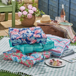 2 X Pink Floral Garden Booster Cushions - Floor Pillows Or Furniture Seat Pads With Water Resistant Fabric & Handle - 51X51X10Cm - thumbnail 2
