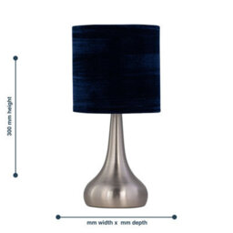 First Choice Lighting Romana - Brushed Chrome Touch Table Lamp With Navy Blue Crushed Velvet - thumbnail 5