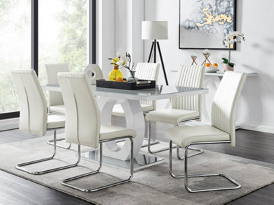 Furniturebox Giovani Rectangular 6 Seat White High Gloss Unique Halo Base Dining Table Grey Glass Top 6 White Faux Leather Lorenzo Chairs - image 1