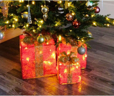 Christmas Light Up Gift Boxes - 3Pc Led Decoration Set With 58 Warm White Lights (Red Box With Golden Bow) - image 1