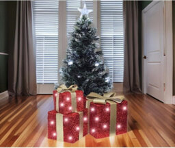 Christmas Light Up Gift Boxes - 3Pc Led Decoration Set With 58 Warm White Lights (Red Box With Golden Bow) - thumbnail 5