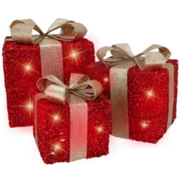 Christmas Light Up Gift Boxes - 3Pc Led Decoration Set With 58 Warm White Lights (Red Box With Golden Bow) - thumbnail 3