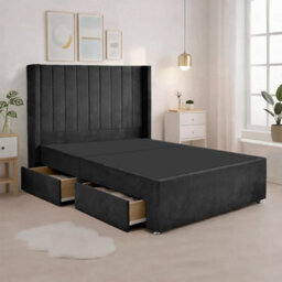 Luxury Black Plush Milan Double Bed Frame With Mattress 54 Inches Wingback Headboard 2 Footend Storage Drawers - thumbnail 3