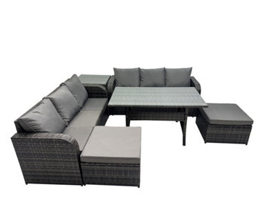 Fimous 8 Seat Outdoor Wicker Pe Rattan Garden Furniture Set Dining Table Sofa Set With 2 Big Stools Side Table Dark Grey Mixed - image 1