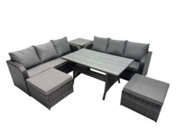Fimous 8 Seat Outdoor Wicker Pe Rattan Garden Furniture Set Dining Table Sofa Set With 2 Big Stools Side Table Dark Grey Mixed - thumbnail 2