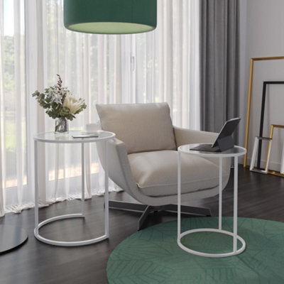 Urbn-Living Urbnliving 59Cm Height Round Nesting Side Coffee Tables Transparent Glass Top With White Metal Leg Set Of 2 - image 1