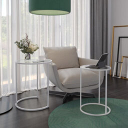 Urbn-Living Urbnliving 59Cm Height Round Nesting Side Coffee Tables Transparent Glass Top With White Metal Leg Set Of 2