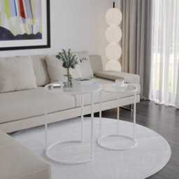 Urbn-Living Urbnliving 59Cm Height Round Nesting Side Coffee Tables Transparent Glass Top With White Metal Leg Set Of 2 - thumbnail 3